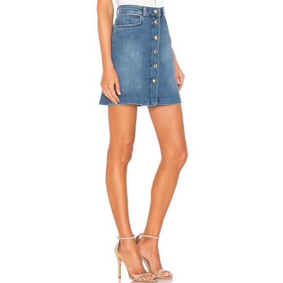 FRAME Denim Claire Mini Skirt Gold Button High Rise A-Line Medium Wash Blue - Picture 13 of 16